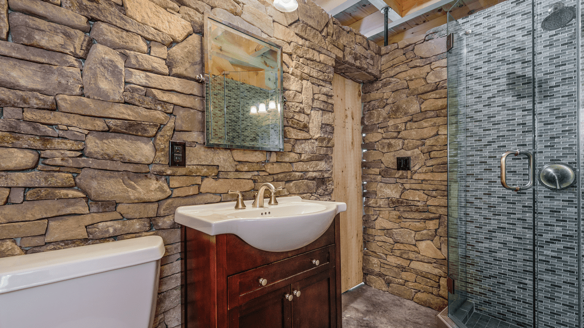 Timber frame pool house bathroom