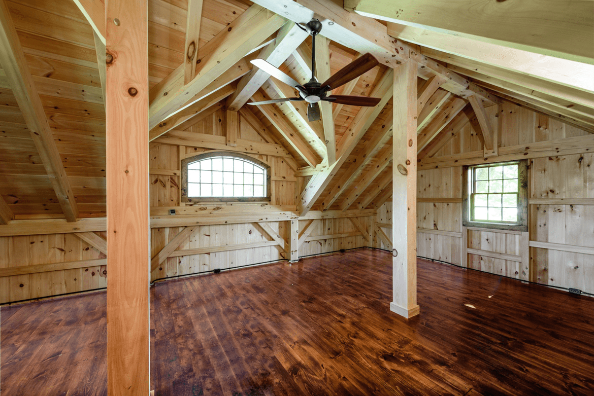 second floor of custom timber frame pool house