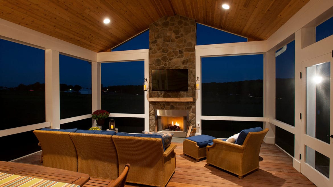 screened in porch over mahogany deck with fireplace in North Salemn, NY