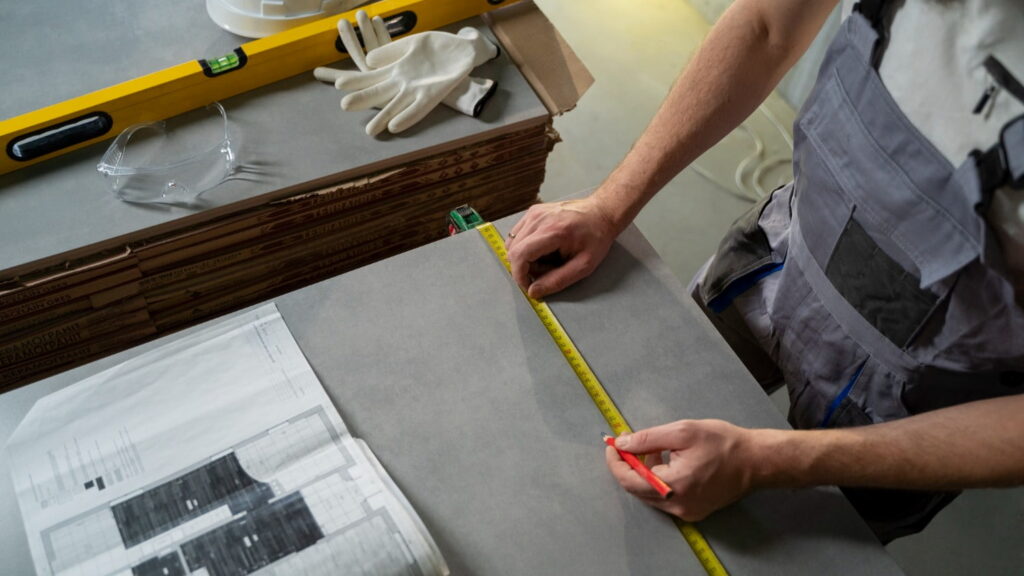 Worker measuring a cabinet panel