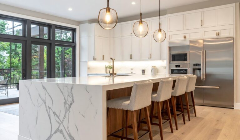 modern kitchen featuring a marble waterfall island