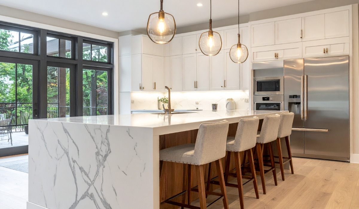 modern kitchen featuring a marble waterfall island