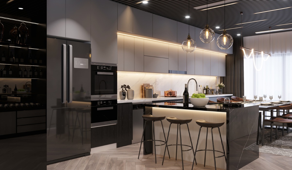 Modern luxury kitchen with a large dark island