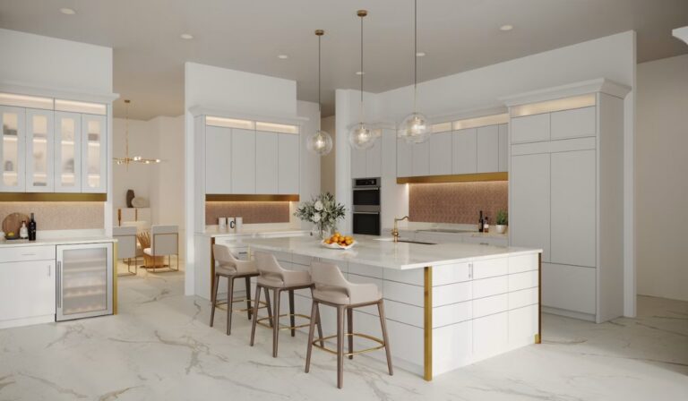 Elegant white kitchen featuring a large central island
