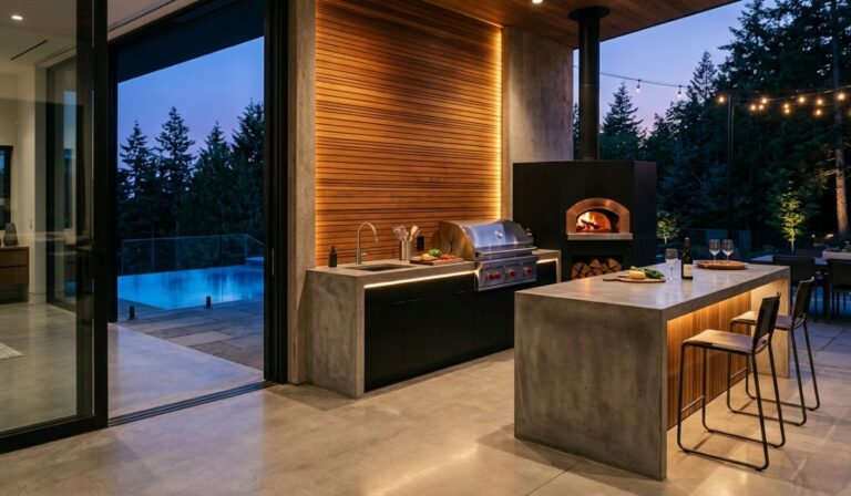 Modern outdoor kitchen with concrete islands