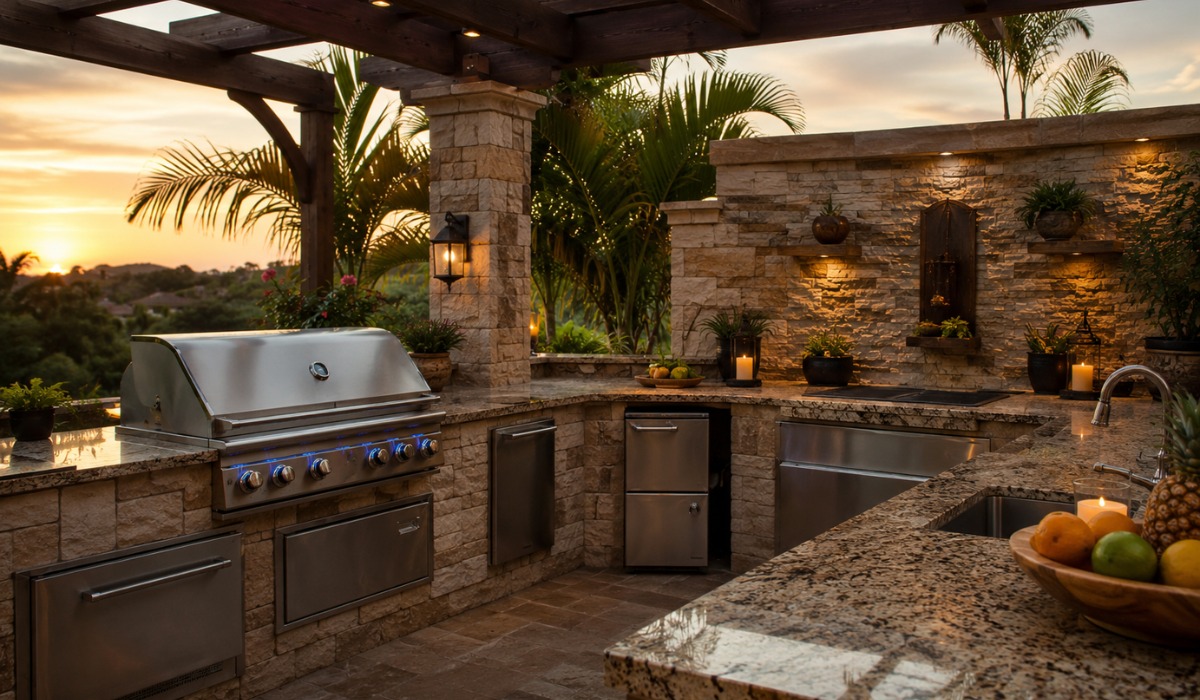 Luxury outdoor kitchen with a large stainless steel grill