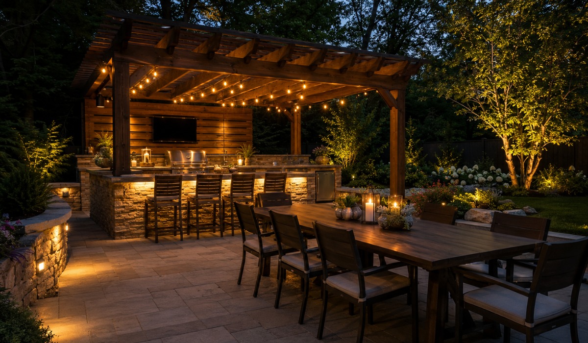 Illuminated backyard patio