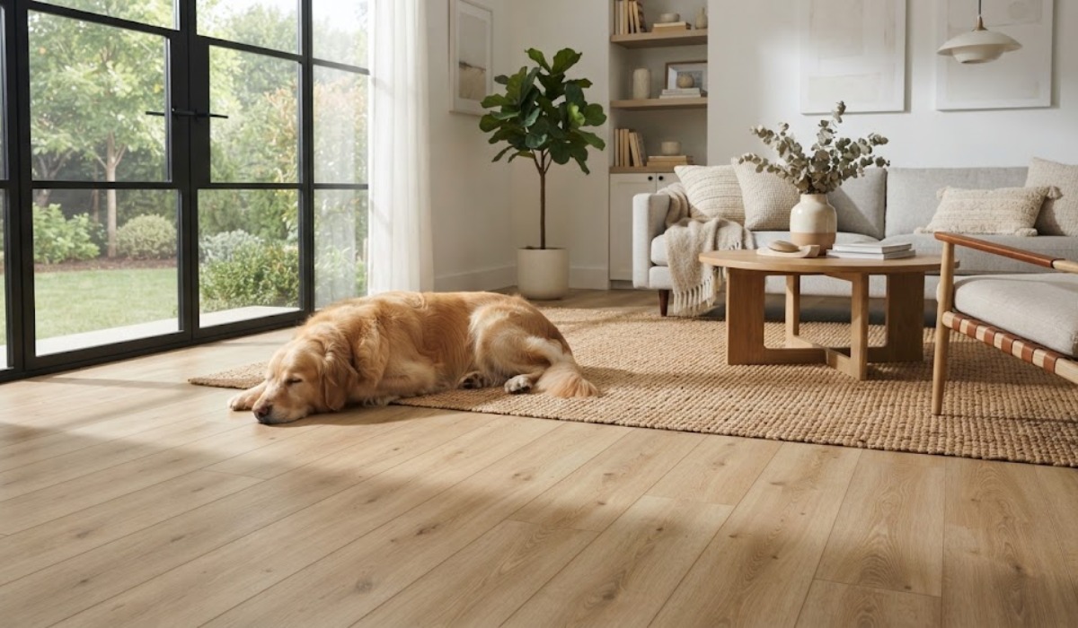 Golden retriever sleeping on a natural fiber rug