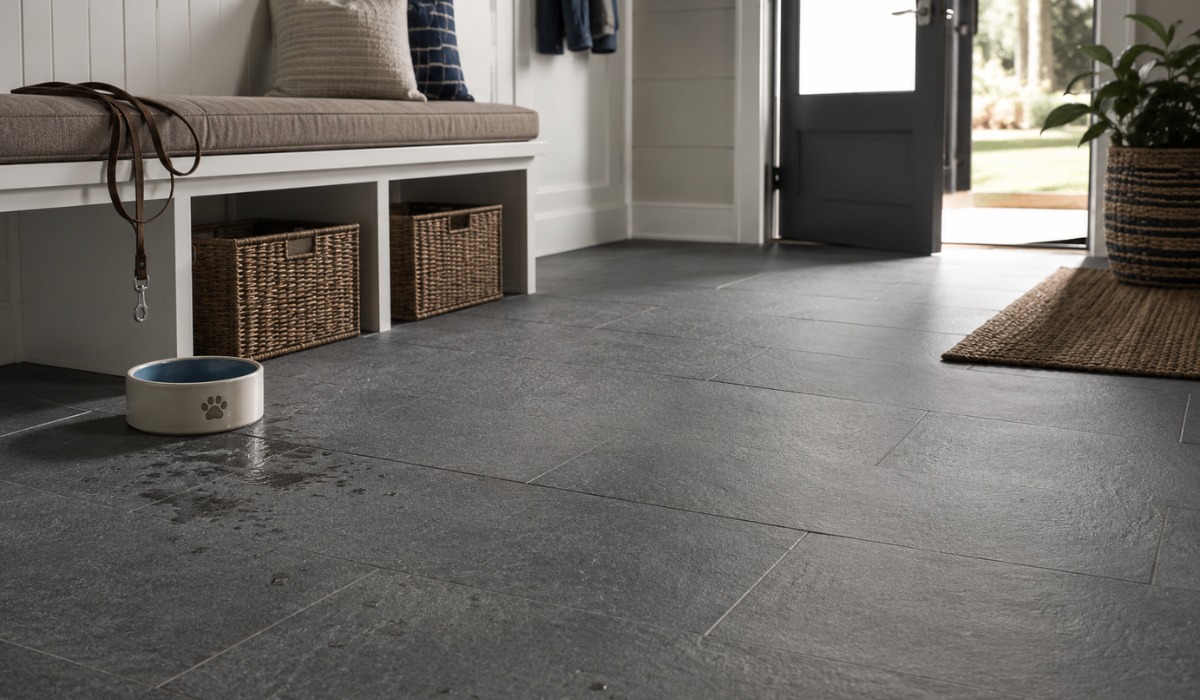 Modern entryway with dark slate floor tile
