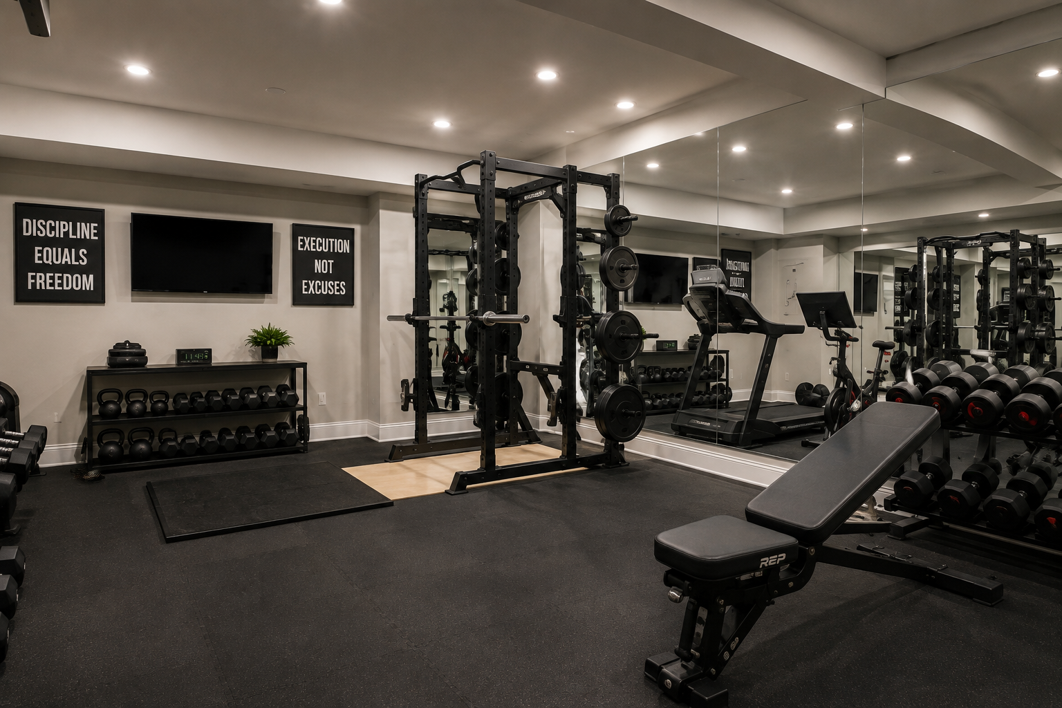 A modern basement home gym with rubber flooring, mirrored walls, and recessed lighting, bright even lighting.