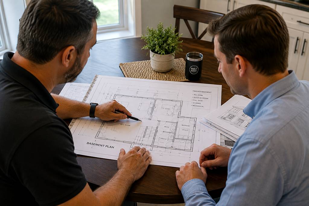 A contractor reviewing architectural blueprints with a homeowner at a kitchen table, conveying the planning and consultation phase of a renovation project.